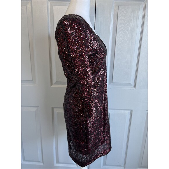 Express Sequin Minidress 8 VNeck 3/4 Sleeve Lined Black Cherry Sparkle Hoco Prom - Picture 3 of 9